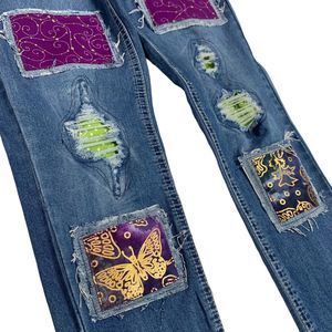 Vigors Skinny Jeans Patched Butterfly Purple Metallic Gold Boho Embellished 12